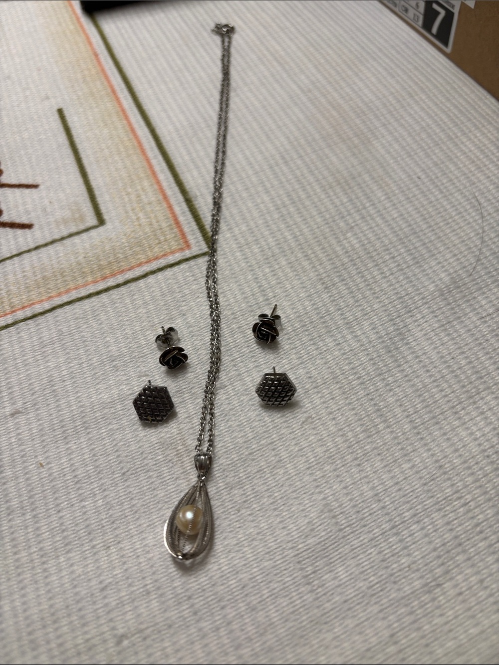 Silver Pearl Teardrop Necklace with Silver Stud Earrings - Women Jewelry
